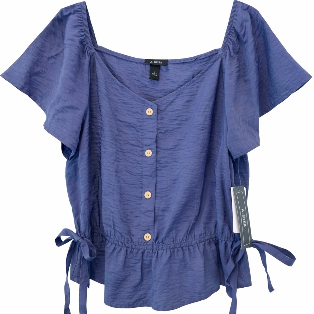 A. Byer NWT Blue Peplum Tie Waist Top Button Front Short Sleeve Boho L